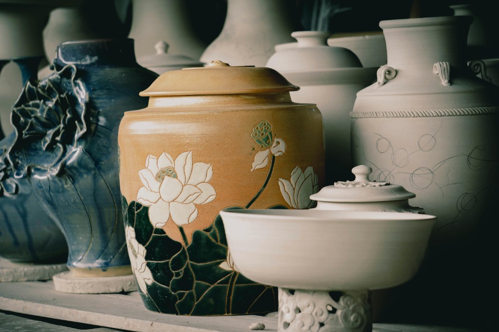Hand glazed ceramics and pottery pieces on the studio shelf